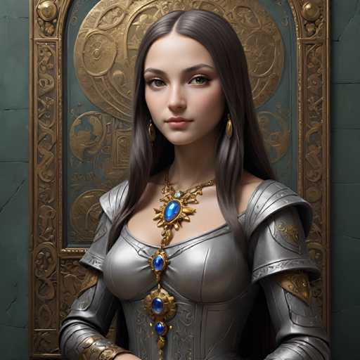 The image depicts a woman wearing a silver armor outfit with gold accents and a large blue gemstone pendant around her neck. She is standing against a green wall adorned with gold designs. The woman's gaze is directed straight at the camera, creating an engaging portrait.