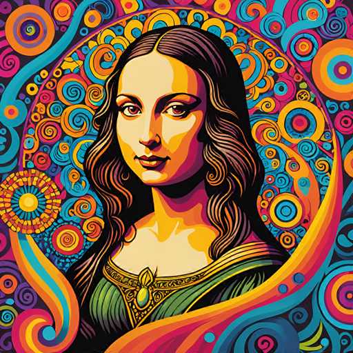 The image depicts a woman's face rendered in a cartoon style with vibrant colors and abstract shapes surrounding her. The background features a pattern of circles and lines in various shades of blue, pink, yellow, green, orange, and purple.