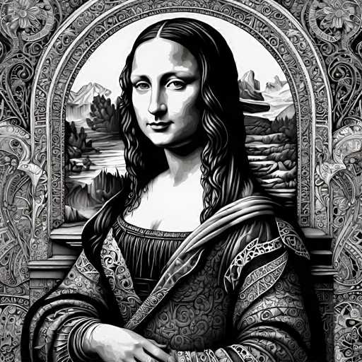 The image is a black and white portrait of a woman with long hair wearing a dress that has a floral pattern. The background features an archway adorned with intricate designs, adding to the overall aesthetic appeal of the piece.