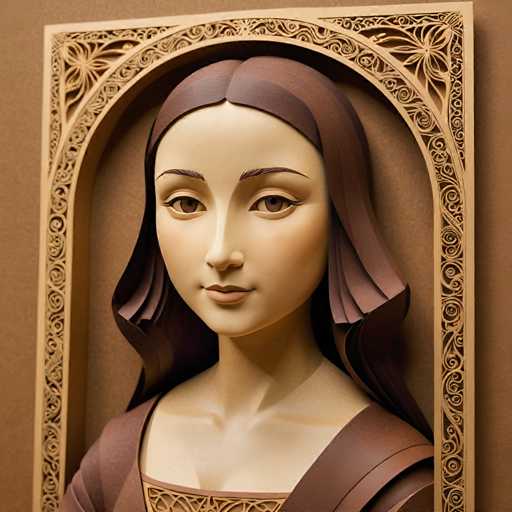 The image shows a close-up portrait of a woman's face rendered in a woodcut style. The wooden frame surrounding the portrait is ornate and intricately designed with floral patterns. The woman's features are depicted in a realistic manner, with her eyes looking directly at the camera.