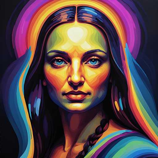 The image depicts a woman with long brown hair and blue eyes wearing a colorful dress against a black background. The painting style is abstract, featuring vibrant colors and lines that create a sense of movement and energy.