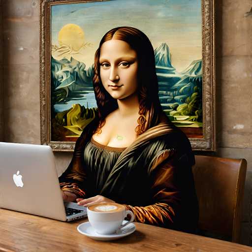 The image shows an artist's portrait of a woman sitting at a desk with her laptop open and coffee cup on the table next to it. The painting is displayed behind the woman, creating a sense of depth in the scene.