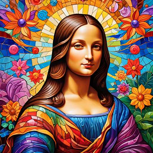 The image depicts a woman with long brown hair and a blue dress adorned with colorful flowers. The background features a mosaic of various colors and shapes, including red, orange, yellow, green, purple, pink, blue, and white.