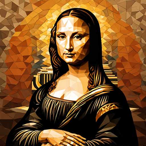The image is an illustration of a woman's face rendered in a digital art style. The woman has long hair and is depicted wearing a black dress with gold trim. She stands against a backdrop that features a mosaic pattern composed of small geometric shapes in shades of brown and orange.