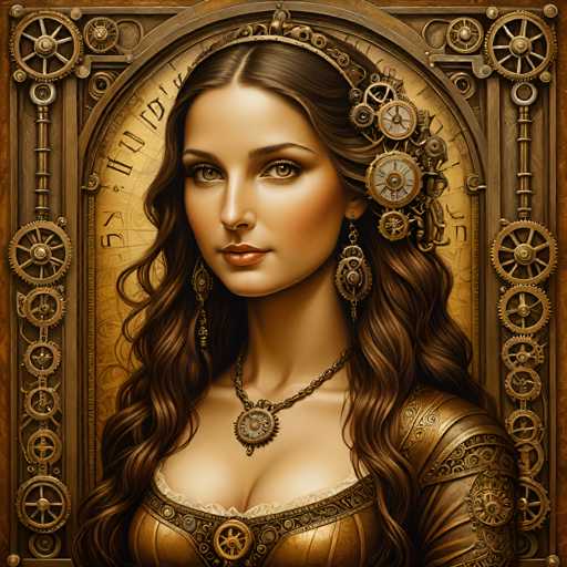 The image depicts a woman with long brown hair wearing a headband and earrings. She is positioned against a backdrop of gears and cogs, suggesting an industrial or mechanical theme. The woman's face features a serious expression as she gazes directly into the camera.