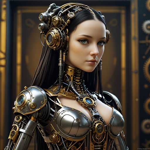 The image depicts a woman with long dark hair wearing a metallic costume that includes a headpiece and armor-like clothing. The woman is looking directly at the camera while standing against a black background adorned with gold gears and cogs.