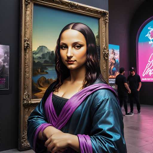 The image shows a woman wearing a purple dress standing in front of a large painting that depicts the Mona Lisa. The painting is framed by a gold border and hangs on a black wall with pink neon lights behind it. In the background, there are other people present but they are blurred out.