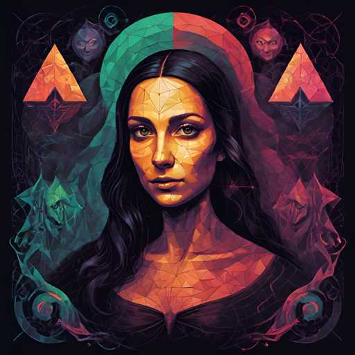 The image depicts an illustration of a woman with long dark hair and a black dress against a dark background adorned with geometric shapes and patterns. The woman is positioned centrally within the frame, drawing attention to her as the main subject. The use of color in the illustration adds depth and dimension to the scene, creating a visually striking composition that captures the viewer's interest.