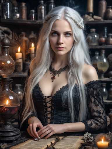 A woman with blonde hair is seated at a table covered in candles and books. She is wearing a black dress and has a necklace around her neck. The background features shelves filled with various bottles and jars, suggesting an old-world setting or perhaps a witch's abode.