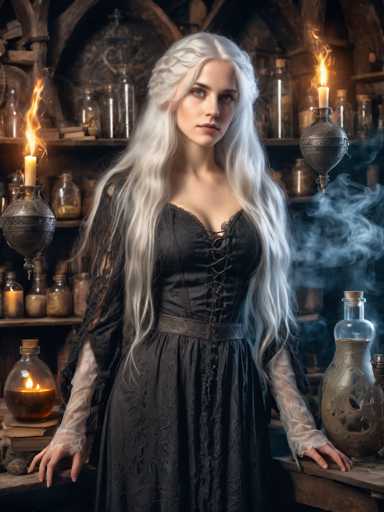 A woman with long blonde hair is standing in front of a shelf filled with various glass jars and bottles. She is wearing a black dress that has lace detailing on the bodice. The background features a wooden wall adorned with several candles and other objects, creating an atmosphere reminiscent of a medieval or fantasy setting.