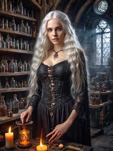 A woman with long blonde hair stands in a dimly lit room filled with shelves of glass bottles and jars containing various liquids. She is wearing a black dress that contrasts with the warm tones of the room. The woman holds a candle in her right hand while her left hand is placed on a table, possibly engaged in some activity or ritual.
