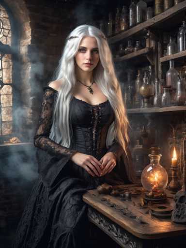 A woman with long blonde hair is seated at a table in front of her. She is wearing a black dress and has a necklace around her neck. The table on which she sits holds various objects including a candle, a vase, and several bottles. A window can be seen behind the woman, suggesting that this scene takes place indoors or within an enclosed space.