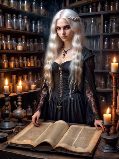 A woman with blonde hair is standing at a table covered in books and candles. She is wearing a black dress and has her hands on the open book in front of her. The room around her features shelves filled with various bottles and jars, suggesting it might be a library or a shop selling these items.