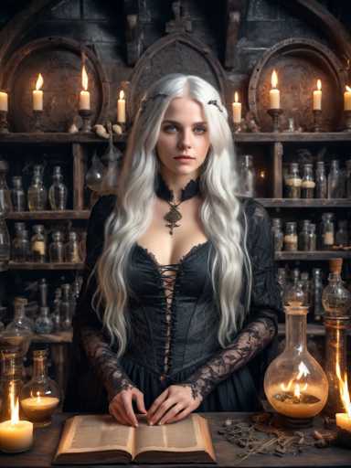 A woman with blonde hair is seated at a table covered in various objects including candles and glass jars. She is wearing a black dress and has a book open on the table before her. The background features shelves filled with an array of items such as vases, bottles, and other objects that suggest a setting for a witch's shop or a similar establishment.