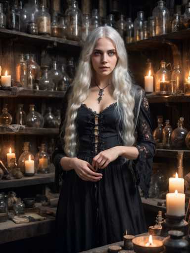 A woman with blonde hair stands in a dimly lit room filled with glass bottles and jars on shelves behind her. She is wearing a black dress that contrasts with the warm tones of the room. The woman holds a candle in her hand, adding to the atmosphere of the scene.