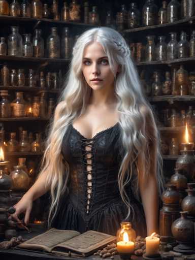 A woman with blonde hair is standing in front of a table filled with various objects including candles and glass jars. She is dressed in a black dress that has lace detailing on the bodice. The table also contains several bottles and vases arranged neatly around it.
