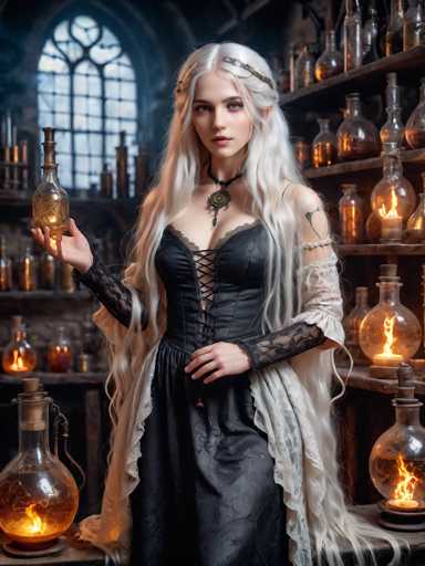 A woman with long blonde hair is standing in a room filled with various bottles and vases of different sizes and shapes. She is wearing a black dress that contrasts with the warm tones of the room. The woman holds a small glass bottle in her hand.