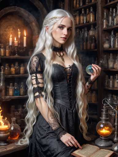 A woman with long blonde hair is seated at a table covered with a white cloth and an open book. She is wearing a black dress adorned with gold accents and has a necklace around her neck. The room features shelves filled with various bottles and jars, suggesting it could be a shop or a store selling these items. A candle can also be seen on the table next to the woman's book.