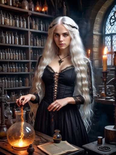 A woman with long blonde hair is standing at a table in front of a large glass vase filled with candles and a book on the table. She is wearing a black dress that has lace detailing. The room around her features shelves filled with various bottles and jars, suggesting it might be a shop or a store selling these items.