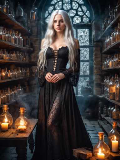 A woman with long blonde hair is standing in a dimly lit room filled with shelves of glass bottles and jars containing various liquids. She is wearing a black dress that features lace detailing on the bodice and skirt. The room has an old-world charm, with a large window allowing natural light to filter in and illuminate the space. A wooden table stands in front of her, adorned with several candles that cast a warm glow throughout the room.