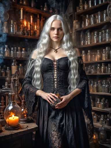 A woman with long blonde hair stands in a dimly lit room filled with shelves of glass jars and bottles containing various substances. She is wearing a black dress adorned with lace sleeves and a corset that accentuates her figure. The room has an air of mystery, with the glow from candles casting shadows on the walls and floor.