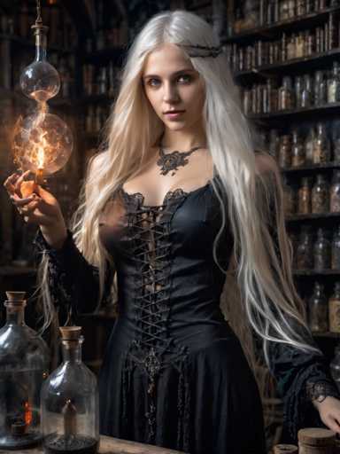 A woman with blonde hair is standing in front of a shelf filled with glass bottles and jars. She is wearing a black dress that has lace detailing on the bodice and skirt. The woman holds a lit candle in her right hand while her left hand is placed on her hip, suggesting she might be in a room or a shop where candles are sold.
The shelves behind her are filled with various glass bottles and jars of different sizes and shapes, indicating that they may contain different products such as oils, creams, or other beauty products.
