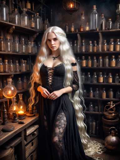 A woman with long blonde hair is standing in a room filled with various bottles and vials on shelves behind her. She is wearing a black dress that has lace detailing and a gold necklace. The room appears to be a laboratory or a workshop, as evidenced by the presence of numerous glass containers and jars scattered throughout the space.