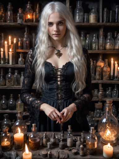 A woman with blonde hair stands in front of a table filled with various glass bottles and jars containing different colored liquids. She is wearing a black dress that contrasts with the warm tones of the room. The table is covered with an array of objects including candles, vases, and other glassware.