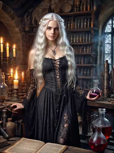 A woman with blonde hair is standing in a room filled with various objects including vases and bottles of different sizes and colors. She is wearing a black dress that has lace detailing on the bodice and skirt. The room appears to be a library or a study area, as there are books scattered around her. A candle can also be seen in the background.