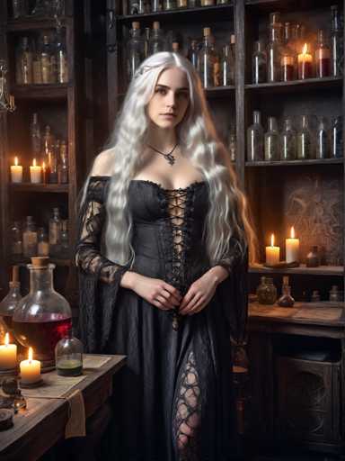 A woman with long blonde hair is standing in a dimly lit room filled with various bottles and vials on shelves behind her. She is wearing a black dress that has lace detailing and high heels. The room appears to be a shop or a laboratory, as indicated by the presence of numerous bottles and vials scattered throughout the space.