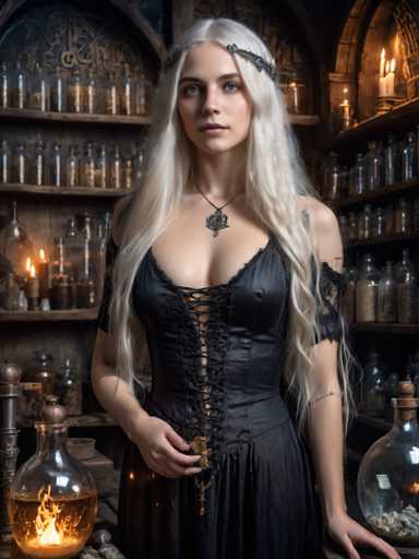A woman with blonde hair is standing in a room filled with various bottles and jars on shelves behind her. She is wearing a black dress that has lace detailing and a necklace featuring a cross pendant. The room also contains a large glass jar with a flame inside it, which appears to be the source of light for the scene.