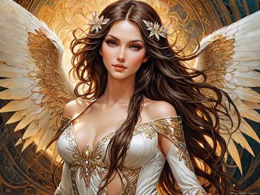 A woman with long brown hair and a white dress adorned with gold accents is the central figure in this digital illustration. The background features a blue and gold color scheme, with a large golden wing extending from the top left corner to the center of the image.