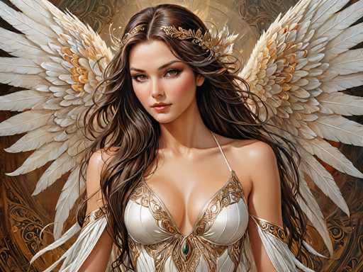 A woman with long brown hair and a white dress adorned with gold accents is the central figure in this illustration. She wears a crown on her head that features an angelic design, suggesting a connection to mythology or fantasy themes. The background of the image is a dark brown color, which contrasts with the lighter elements of the woman's attire and the crown she wears.