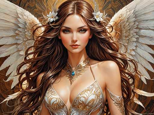 The image depicts a woman with long brown hair and large wings adorned with white flowers. She is wearing a gold and white dress that features intricate designs on the bodice. The background of the image is a dark brown color with a patterned design in shades of gold and brown, which complements the woman's attire.