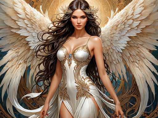 The image depicts a woman with long brown hair and large white wings standing against a dark blue background. She is wearing a white dress adorned with gold accents and has a crown on her head. The woman's gaze is directed towards the viewer, creating an engaging visual narrative.