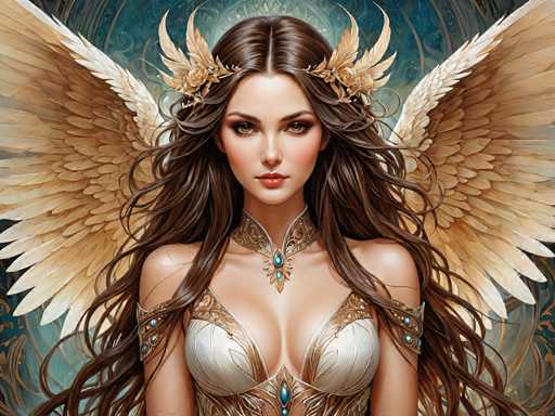 The image depicts a beautiful woman with long brown hair and gold wings. She is wearing a white dress adorned with blue jewels and has a crown on her head. The background features a blue and green color scheme with intricate designs.