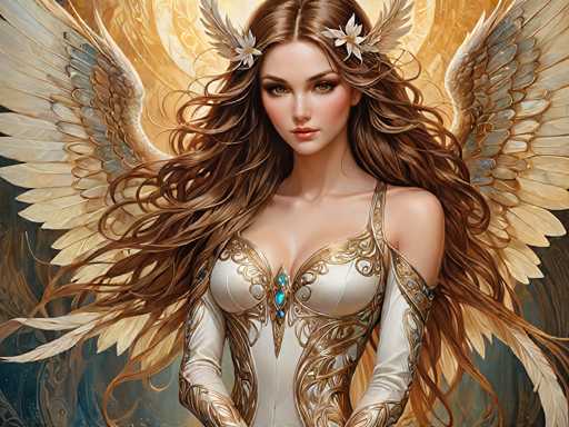 The image depicts a beautiful woman with long brown hair and large wings adorned with gold accents. She is wearing a white dress that features intricate gold designs on the sleeves and bodice. The background of the image is a dark blue color with white swirls, adding depth to the scene.