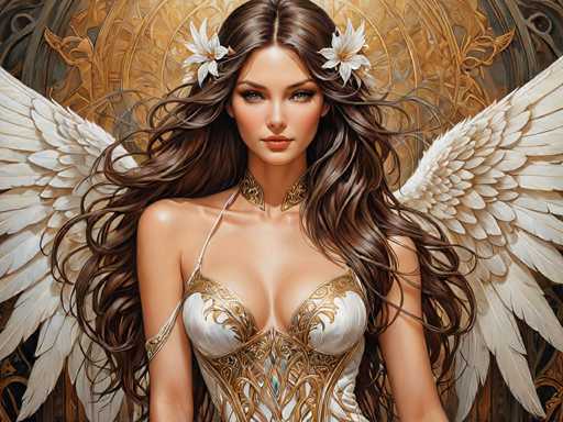 The image depicts a woman with long brown hair and white wings, wearing a white dress adorned with gold accents. The background features an ornate gold design that includes a floral pattern on the left side of her head and a golden archway in the center.
