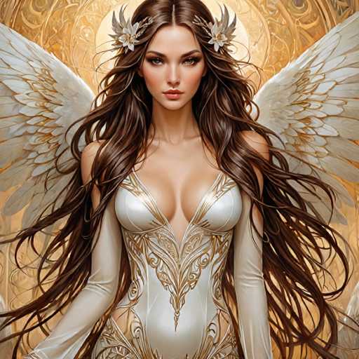 A woman with long brown hair and a white dress adorned with gold accents is the central figure in this digital illustration. The background features an ornate gold design that includes wings and flowers, adding to the overall grandeur of the scene.