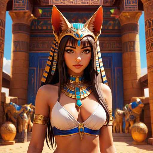 The image depicts a woman wearing a blue and gold headdress with an orange earring on her left ear, standing in front of the Great Pyramid of Giza in Egypt. The woman is dressed in a white swimsuit that contrasts with the golden hue of the pyramid's exterior.