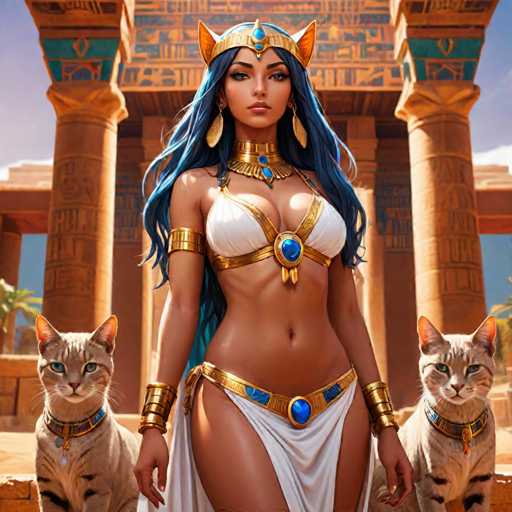 The image depicts a woman wearing a white dress and gold jewelry standing in front of an ancient Egyptian temple with columns and a blue sky backdrop. The woman is positioned on the left side of the frame, while two cats are located on her right side.