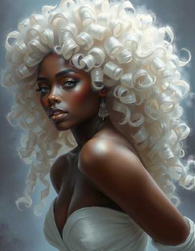 The image shows a close-up portrait of a woman with long blonde hair styled in curls and wearing a white dress. The background is a light blue color that contrasts with the woman's hair, making her stand out.