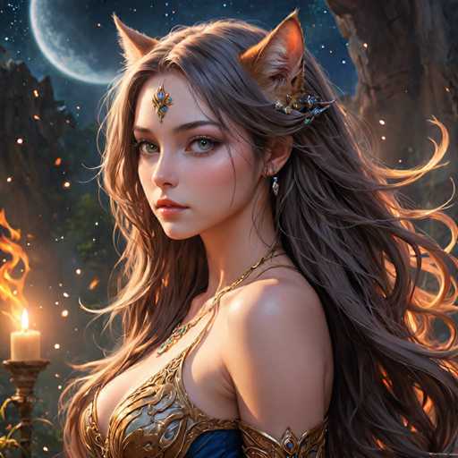 A woman with long brown hair and a gold necklace is depicted wearing a blue dress adorned with gold accents. She has her eyes closed and is looking directly at the camera. The background features a dark sky filled with stars and a full moon, creating an ethereal atmosphere around the woman.