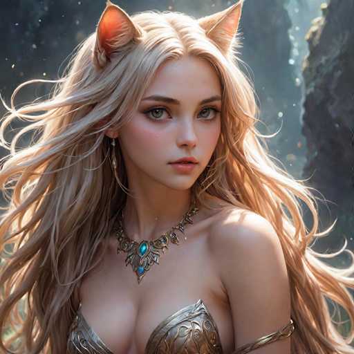 A woman with blonde hair and blue eyes is depicted wearing a gold necklace and earrings against a dark green background featuring trees and rocks.