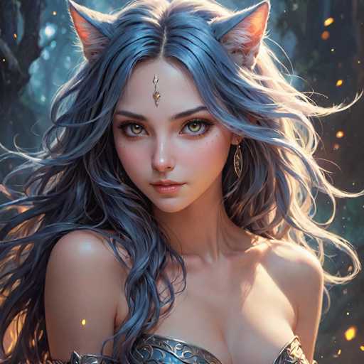 The image shows a close-up portrait of a woman with long, dark hair and blue eyes. She is wearing a dress that has intricate designs on it. The background appears to be a forest or wooded area, suggesting an outdoor setting.