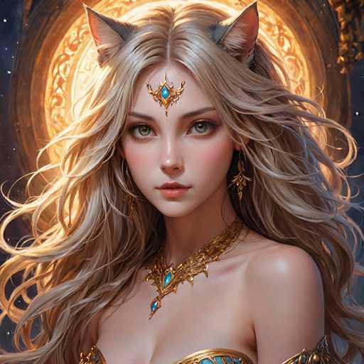 The image shows a close-up portrait of a woman with blonde hair and green eyes. She is wearing a gold necklace and earrings that have blue gemstones. The background features a circular window with gold trim, which appears to be illuminated by a yellow light source.