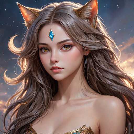 The image depicts a woman with long hair and a blue gemstone on her forehead. She is wearing a gold dress that has intricate designs. The background features a dark sky filled with stars, creating an ethereal atmosphere around the woman.