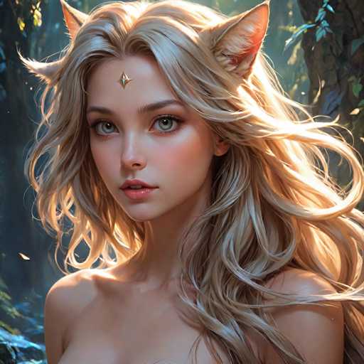 The image depicts a young woman with blonde hair and large ears adorned with gold stars on her forehead. She is wearing a white dress that contrasts with the dark background of trees and foliage. The woman's gaze is directed towards the camera, creating an engaging visual narrative.