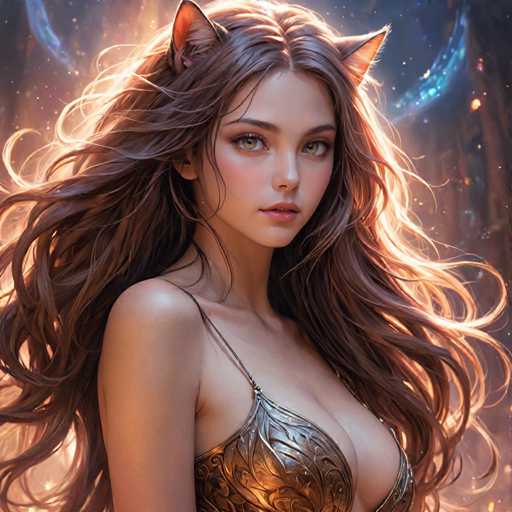 A woman with long brown hair and a gold bra stands against a dark background of trees and bushes.