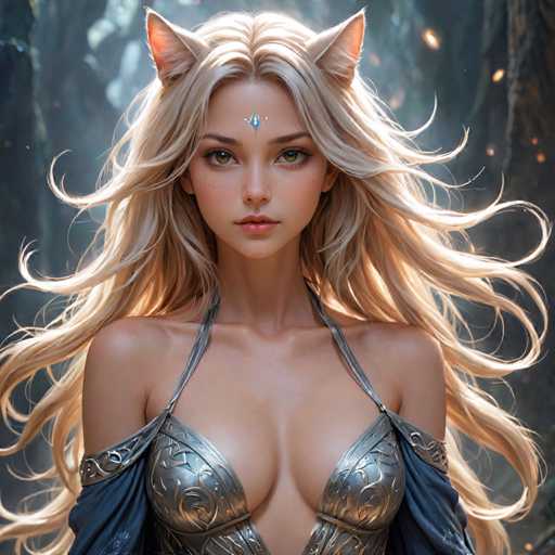The image shows a close-up portrait of a woman with blonde hair and blue eyes wearing a silver dress that has intricate designs on it. The background is dark and filled with trees, suggesting an outdoor setting or forest.